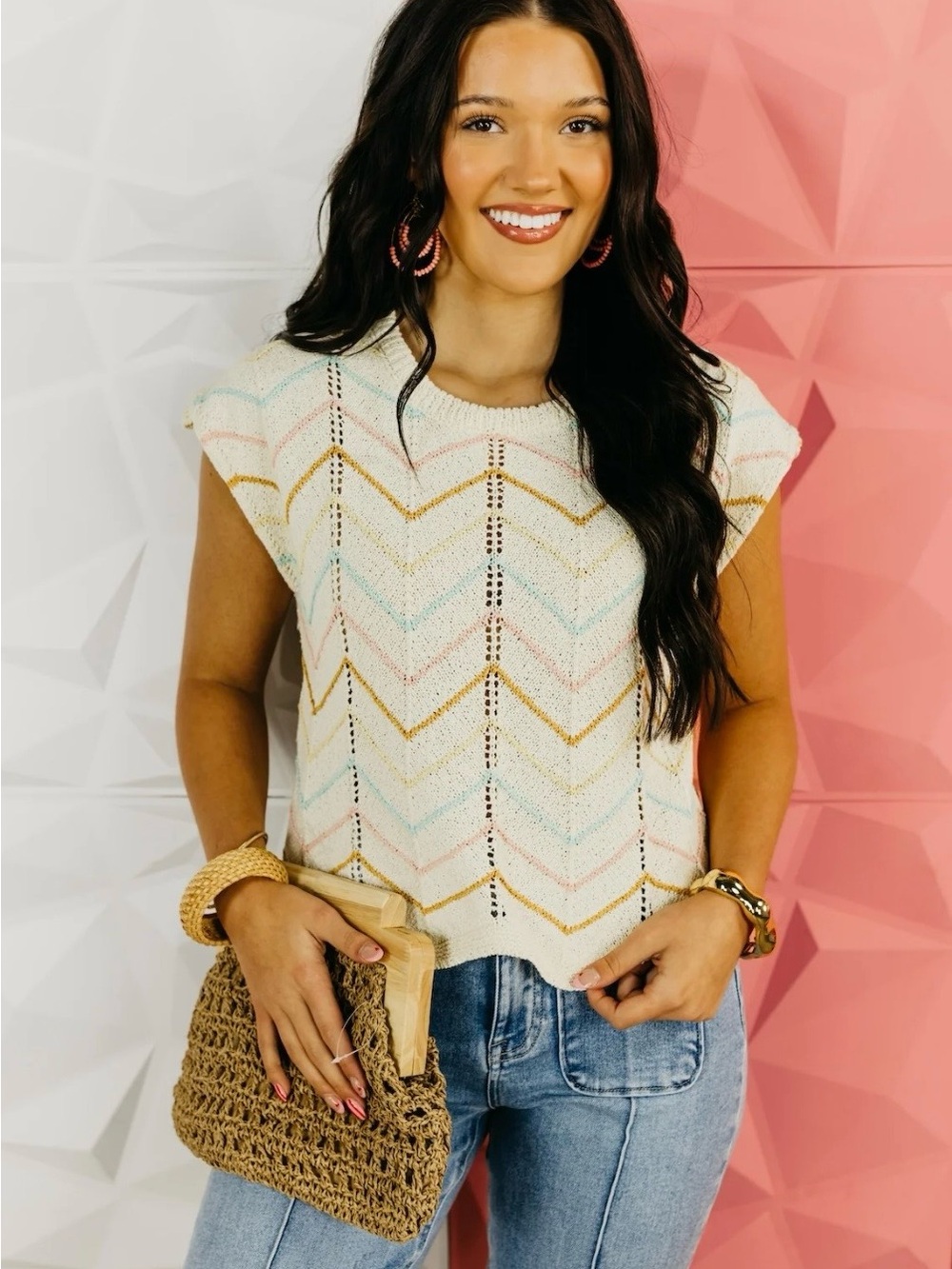 La February Cream Chevron Knit Sleeveless Top with Pastel Accents